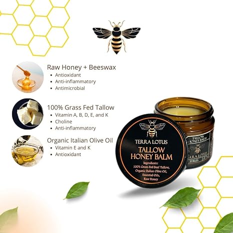 Organic Grass-Fed Beef Tallow Balmwith Raw Honey -Moisturizing Cream forSoft, Smooth Skin -Handmade All-NaturaMoisturizer -Radiant Skin-HHW