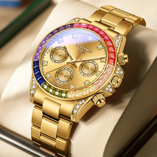 【Holiday Haul】VEADONS Men's Business Fashion Rhinestone Decorated AnalogQuartz Watch Rainbow Crystal Chronograph Quartz Movement Luminous Date WaterResistant for Party Daily Wear Birthday Gift with Box