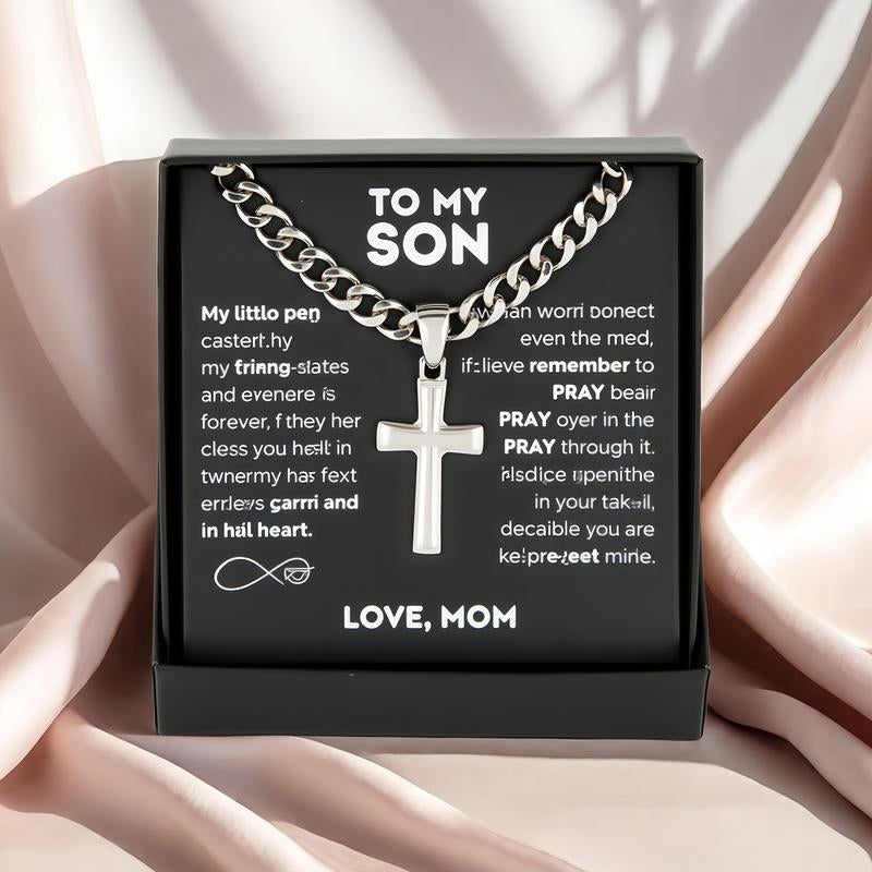 Stainless Steel Cross Pendant Necklace "to My Son" , Birthday Gift, Valentine's Day Gift, Christmas Gift, with Card and Gift Box Packaging, the Perfect Gift for Loved Ones Personalized