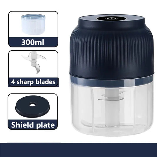 Electric Garlic Chopper, 4 Sharp Blades，Portable Veggie Chopper, 300ML Garlic Grinder Masher Onion Chopper, Blender to Vegetable, Cordless Food Processor for Ginger, Chili, Fruit, Meat, Spices, Beans, etc