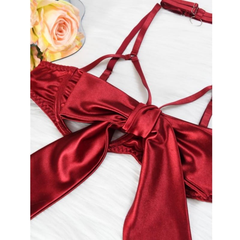 Day Women's Red Silk Bow Sleepwear Set - Glamour Nightwear for New Year, Valentine's Day, Birthday Gifts - Soft, Breathable, Minimalist Design - Comfortable Pajamas for Women Fabric Womenswear Suits Elegance