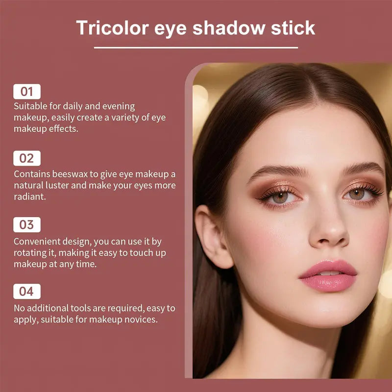 3-in-1 Easy Eyeshadow Stick for Beginners,SmudgeProof in Seconds, One-Stroke Application,Creamy Shimmer Trio Eyeshadow Stick Waterproof Longwear Liquid Eyeliner Color Changing Lip Oil Trio Waterproof Shiny Diamond Eyeshadow