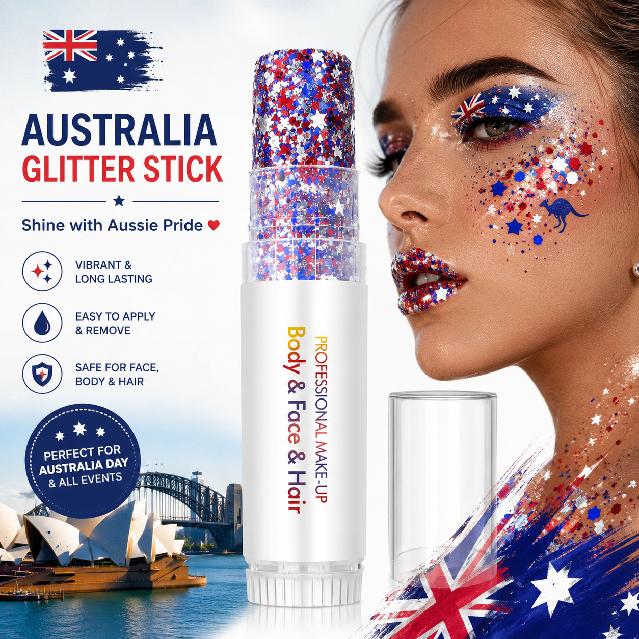3-in-1 Patriotic Glow😍✨Red, White & Blue Glitter Body Stick