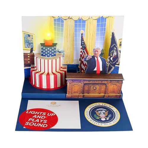 OUR FRIENDLY FOREST Pop Up Birthday Card with Light & Sound Features Real Donald Trump Voice Message for Men and Women, Parents, Couples (Cake)—XDX