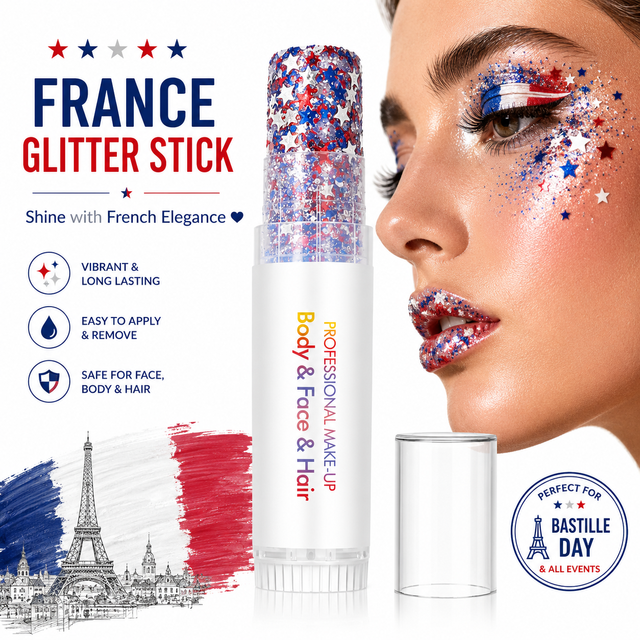 3-in-1 Patriotic Glow😍✨Red, White & Blue Glitter Body Stick