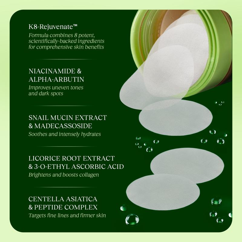 Korean Skincare Anti-Aging, Dark Spot & Wrinkle Minimizing Toner Pads with Snail Mucin, Centella Asiatica, Niacinamide, Peptide Complex - 100 ct.-hz