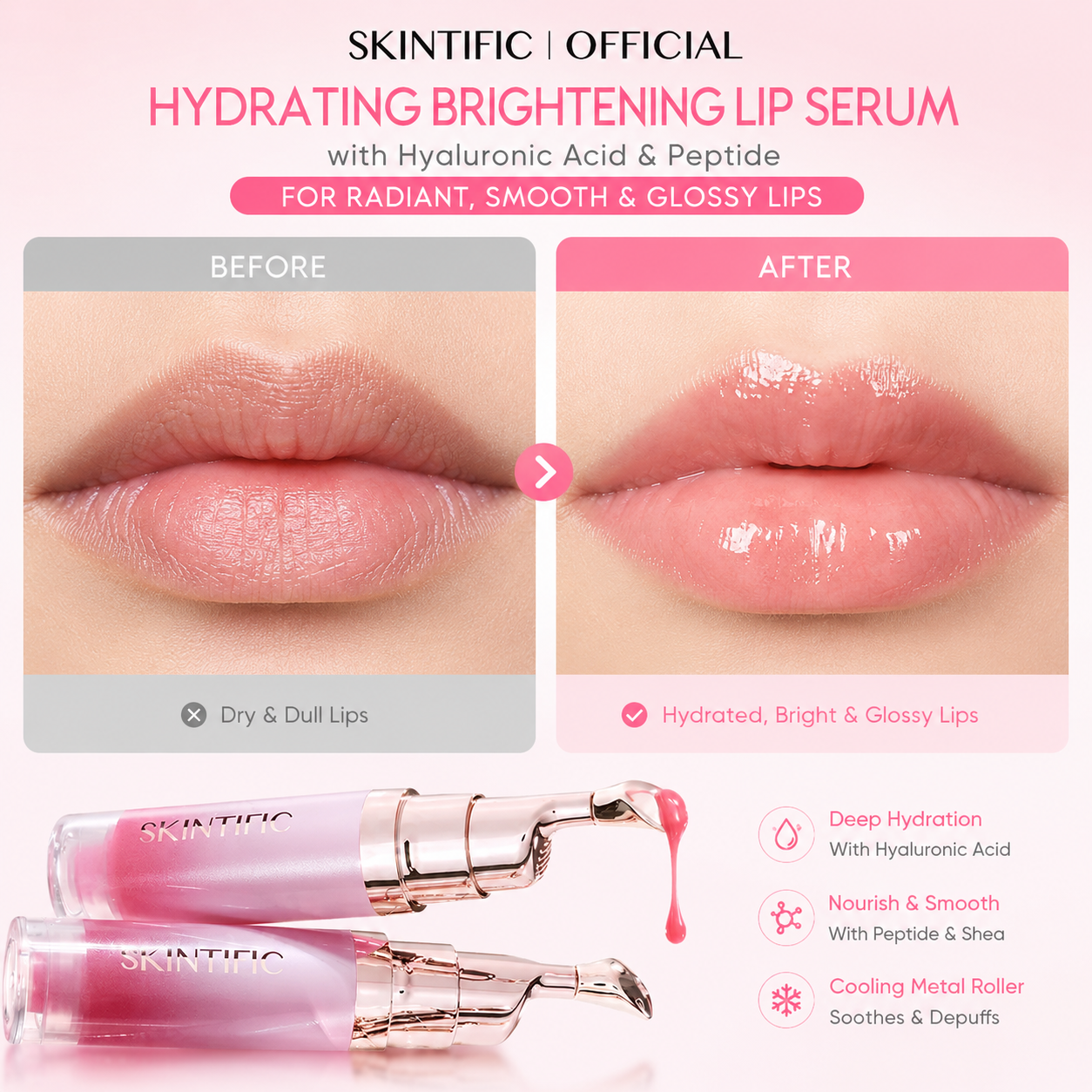SKINTIFIC Hydrating Brightening Lip Serum with Hyaluronic Acid & Peptide for Radiant Lips Gentle Glossy Korean Beauty Makeup Balm Shea Smooth Moisture with Cooling Metal Roller Applicator