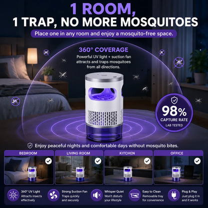 Indoor Mosquito & Flying Insect Trap with UV Light, Quiet Plug-In Bug Catcher with Suction Fan for Fruit Flies, Gnats & Moths, Ideal for Bedroom, Kitchen, Home & Office