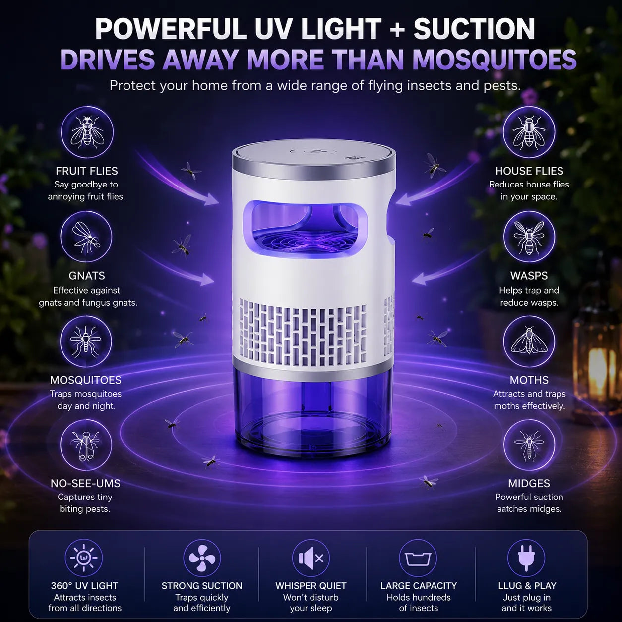 Indoor Mosquito & Flying Insect Trap with UV Light, Quiet Plug-In Bug Catcher with Suction Fan for Fruit Flies, Gnats & Moths, Ideal for Bedroom, Kitchen, Home & Office