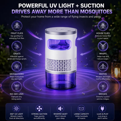 Indoor Mosquito & Flying Insect Trap with UV Light, Quiet Plug-In Bug Catcher with Suction Fan for Fruit Flies, Gnats & Moths, Ideal for Bedroom, Kitchen, Home & Office