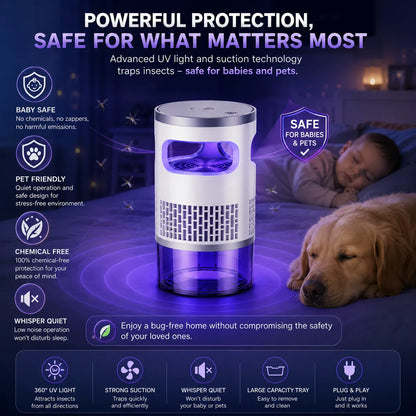 Indoor Mosquito & Flying Insect Trap with UV Light, Quiet Plug-In Bug Catcher with Suction Fan for Fruit Flies, Gnats & Moths, Ideal for Bedroom, Kitchen, Home & Office