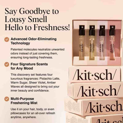 Kitsch Hair Perfume For Women (Discovery Set) - Pistachio Latte, Warm Sugar, Sheer Violet & Amber Waves - Patented Odor-Eliminating Technology, Hair Spray and Body Mist - 4 x 1.5mL