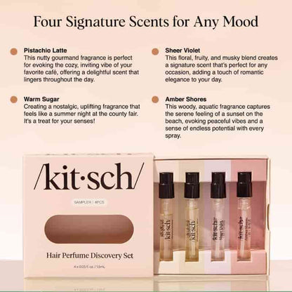 Kitsch Hair Perfume For Women (Discovery Set) - Pistachio Latte, Warm Sugar, Sheer Violet & Amber Waves - Patented Odor-Eliminating Technology, Hair Spray and Body Mist - 4 x 1.5mL