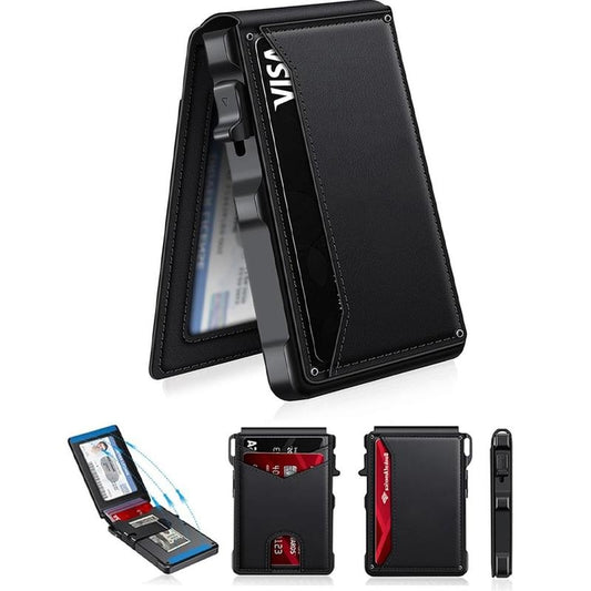 Minimalist Men’s Slim Wallet: 9 - 13 Cards, Money Clip, ID Window. RFID - Blocking, Aluminum Bifold Pop - Up