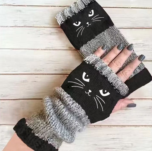 Women’s Knitted Fingerless Gloves with Cute Cat Embroidery – Cozy and Stylish Hand Warmers for Casual Winter Wear -ZHP