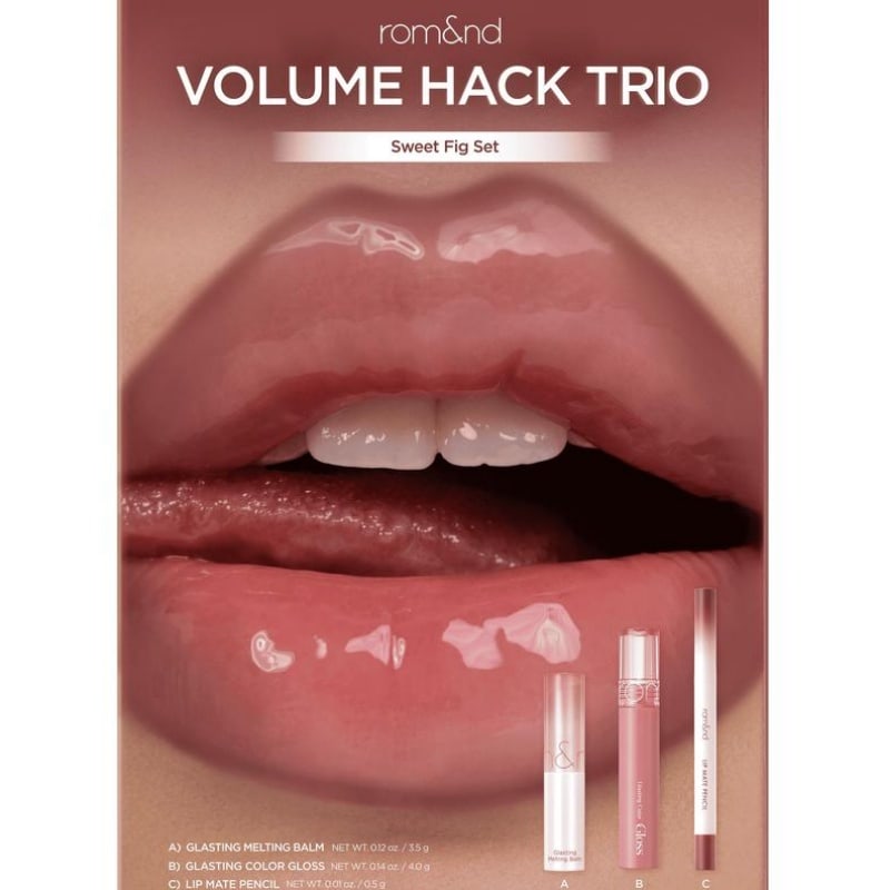 rom&nd LIP VOLUME HACK TRIO (3 Shades, Lip Mate Pencil 0.5g & Melting Balm 3.5g & Color Gloss 4g)