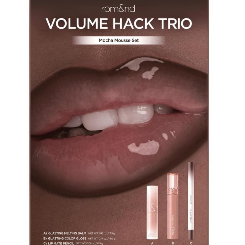 rom&nd LIP VOLUME HACK TRIO (3 Shades, Lip Mate Pencil 0.5g & Melting Balm 3.5g & Color Gloss 4g)