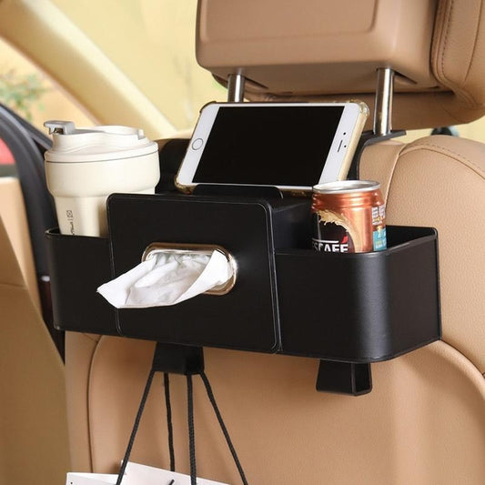 Multifunctional Car Seat Back Storage Box with Tissue Holder 2 Cup Holders & Bags Hooks Non-Woven Car Organizer for Tidy Back Seat