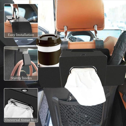 Multifunctional Car Seat Back Storage Box with Tissue Holder 2 Cup Holders & Bags Hooks Non-Woven Car Organizer for Tidy Back Seat