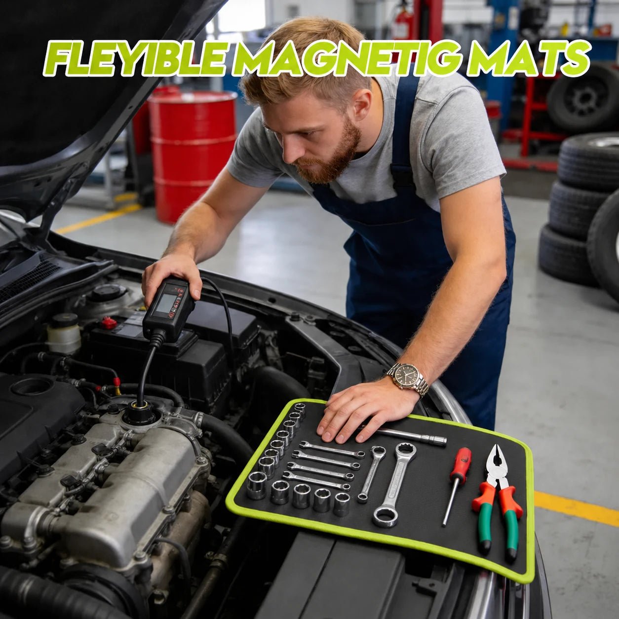 Flexible Magnetic Tool Mat & Tray Holder - Magnetic Tool Tray, Flexible Magnetic Mat, PVC & Non-Slip for Garage Workshop, Auto Repair Tools