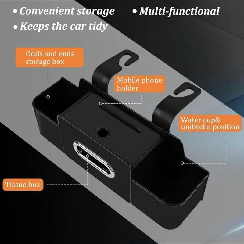 Multifunctional Car Seat Back Storage Box with Tissue Holder 2 Cup Holders & Bags Hooks Non-Woven Car Organizer for Tidy Back Seat