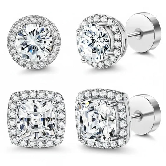 Women's Luxury Halo Zircon Stud Earrings 4-Piece Set - Gold, Silver Round/Square Styles, Low-Sensitivity Copper-Plated Metal Coating, Comfortable Daily Wear, Includes Jewelry Box, Boujee Gifts for Women