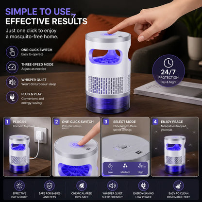 Indoor Mosquito & Flying Insect Trap with UV Light, Quiet Plug-In Bug Catcher with Suction Fan for Fruit Flies, Gnats & Moths, Ideal for Bedroom, Kitchen, Home & Office