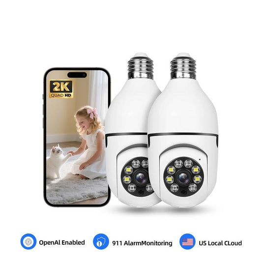 4MP Smart AI Light Bulb Camera with 911 Alarm Monitoring & Full Color Night Vision - Easy Installation, Motion Detection, Two-Way Audio, 2.4G WiFi, US Local Cloud Cord Safety