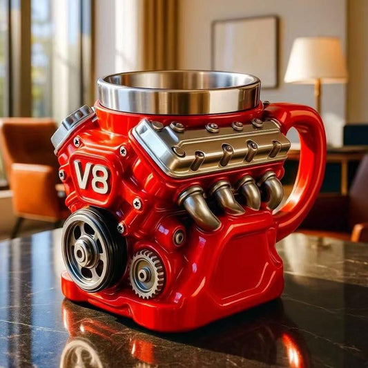 V8 Engine-themed coffee mug, a retro-styled, realistic V8 engine stainless steel mug, a personalized double-walled insulated car mug with a handle, the perfect gift for Father's Day, Christmas, husbands, mechanics, and car enthusiasts.