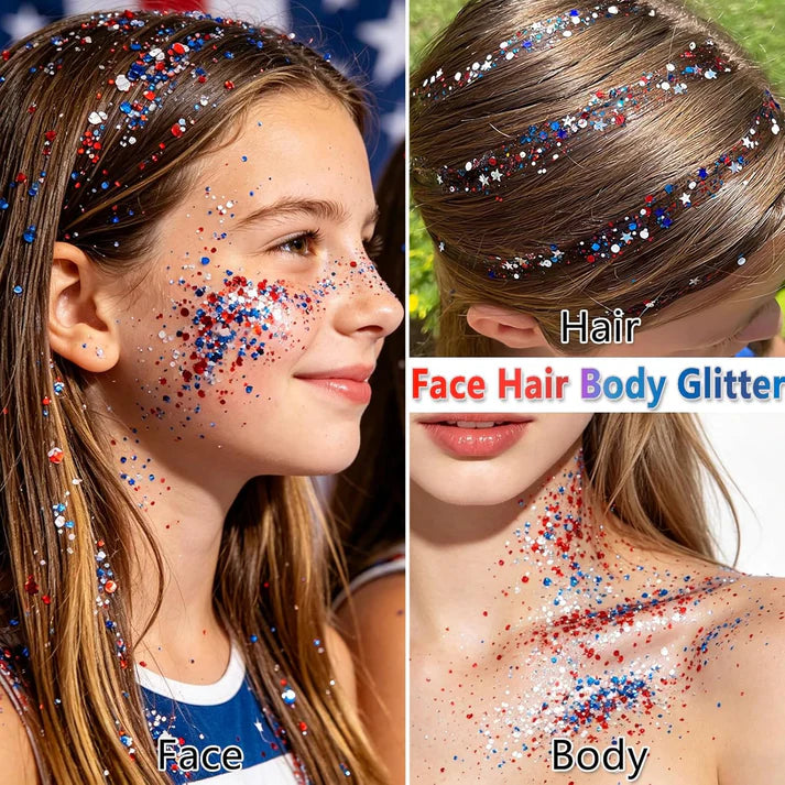 3-in-1 Patriotic Glow😍✨Red, White & Blue Glitter Body Stick